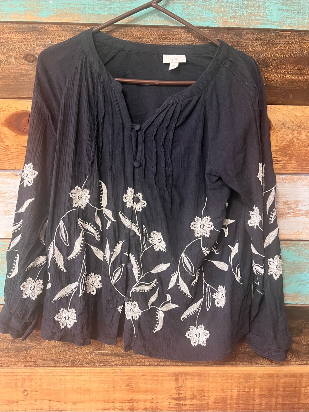 J. Jill Black Peasant Blouse with White Floral Embroidery MP